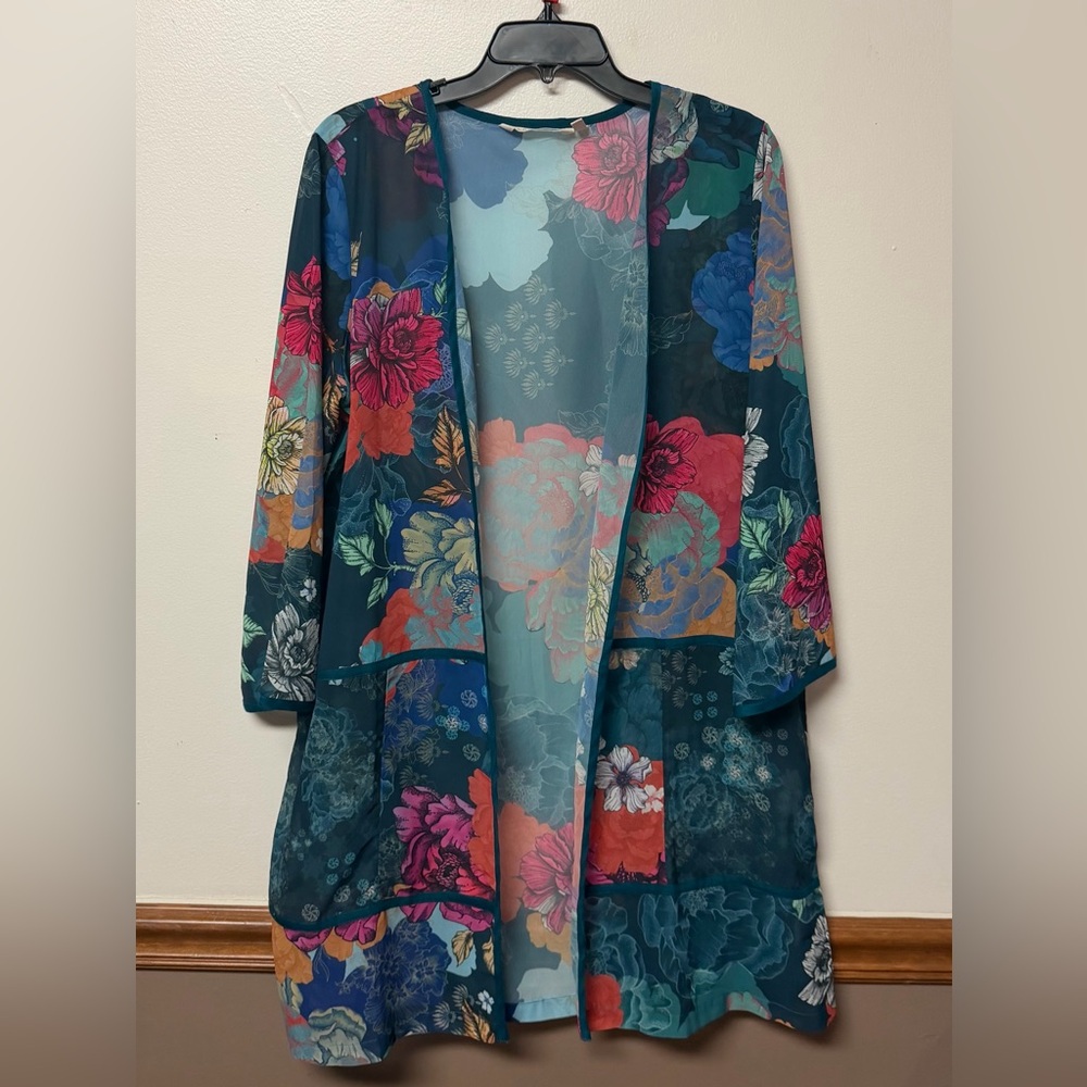 Soft Surroundings Sheer Floral Open Front Kimono Cardigan Blue Multicolor Large